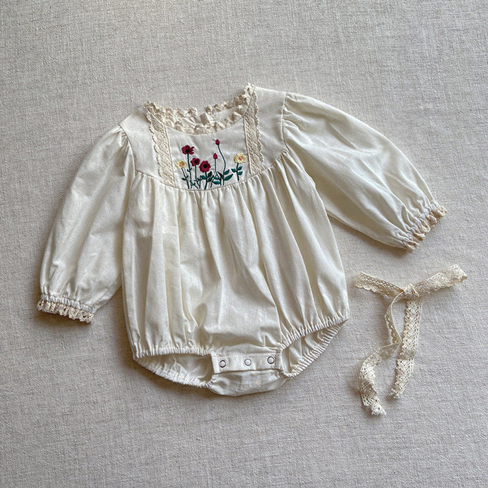 MyKids-USA® Baby Solid Color Embroidered Pattern Long Sleeve bodysuit