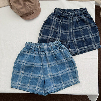 MyKids-USA® Baby Denim Blue Plaid Pattern Loose Shorts