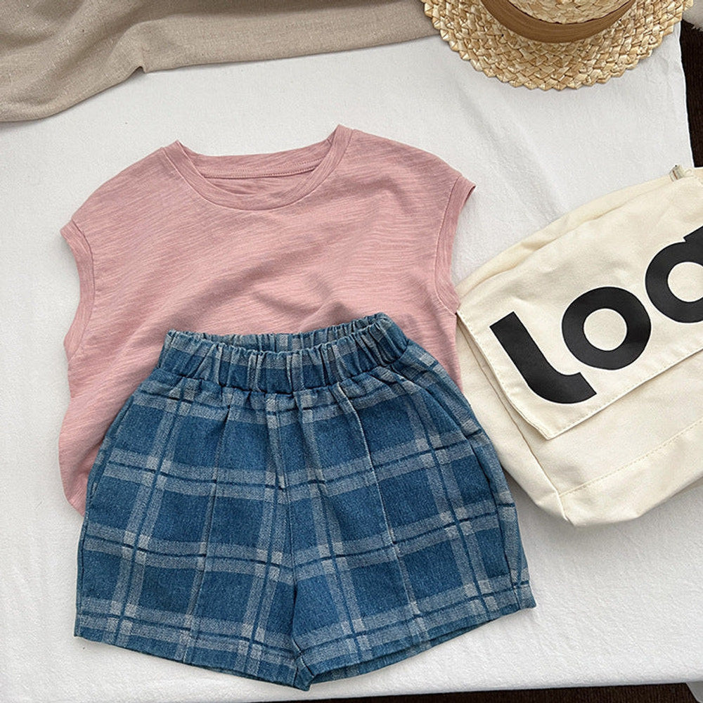 MyKids-USA® Baby Denim Blue Plaid Pattern Loose Shorts