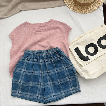 MyKids-USA® Baby Denim Blue Plaid Pattern Loose Shorts