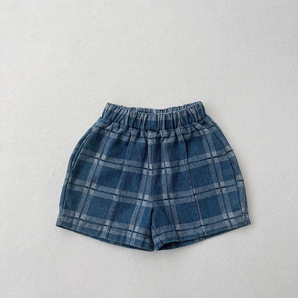 MyKids-USA® Baby Denim Blue Plaid Pattern Loose Shorts
