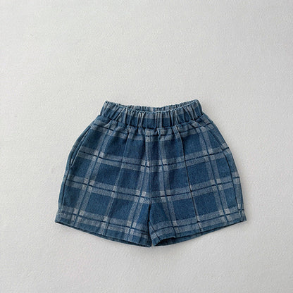 MyKids-USA® Baby Denim Blue Plaid Pattern Loose Shorts