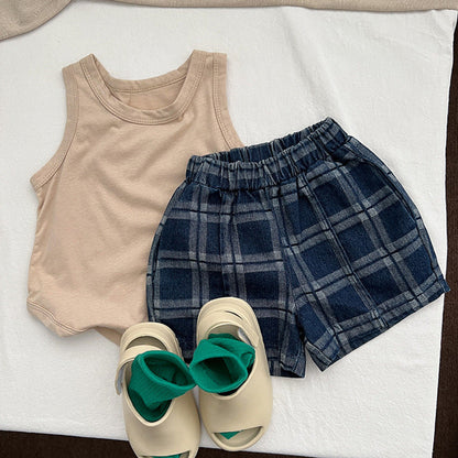 MyKids-USA® Baby Denim Blue Plaid Pattern Loose Shorts