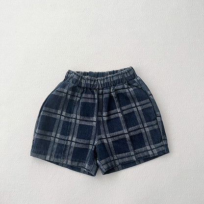 MyKids-USA® Baby Denim Blue Plaid Pattern Loose Shorts