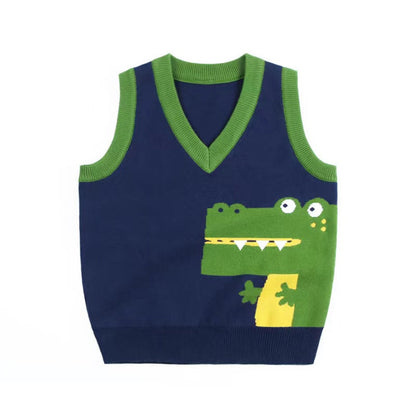 MyKids-USA® Baby Boy Cartoon Graphic Contrast Design V-Neck Sleeveless Knitted Vest Sweater