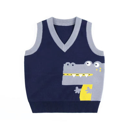 MyKids-USA® Baby Boy Cartoon Graphic Contrast Design V-Neck Sleeveless Knitted Vest Sweater