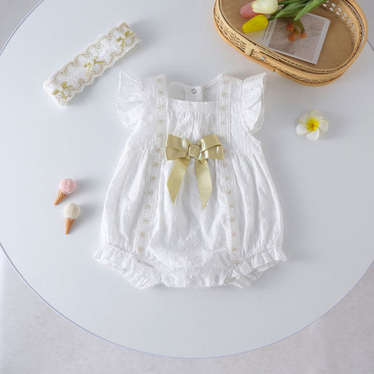 MyKids-USA® Baby Girls Solid White Gold Bow Tie Patched Design Popular bodysuit