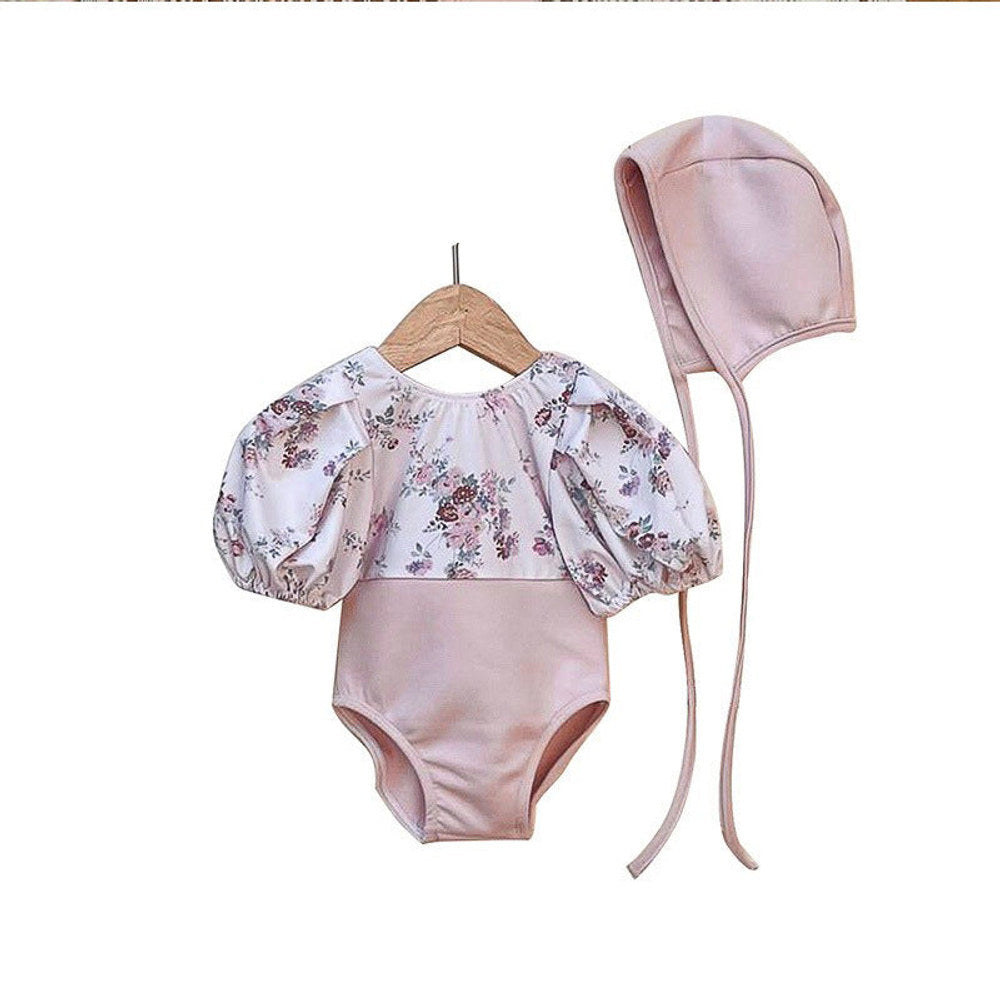 MyKids-USA® Baby Girl Floral Pattern Puff Sleeves Swimwear With Hats