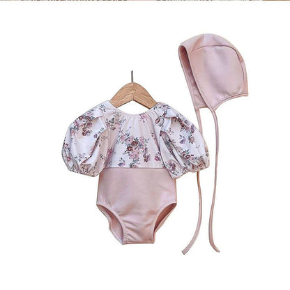MyKids-USA® Baby Girl Floral Pattern Puff Sleeves Swimwear With Hats