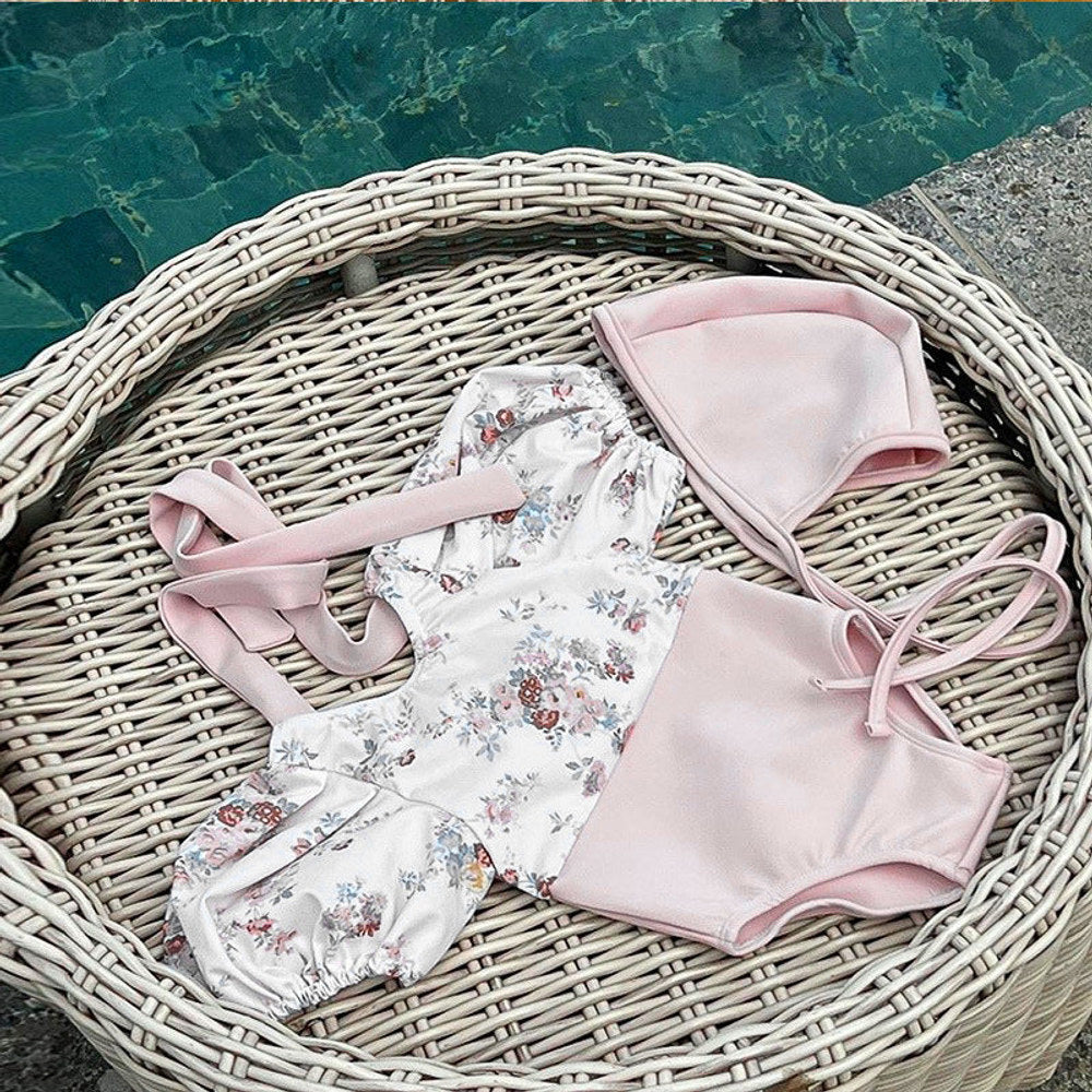 MyKids-USA® Baby Girl Floral Pattern Puff Sleeves Swimwear With Hats