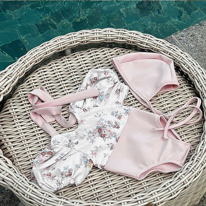 MyKids-USA® Baby Girl Floral Pattern Puff Sleeves Swimwear With Hats