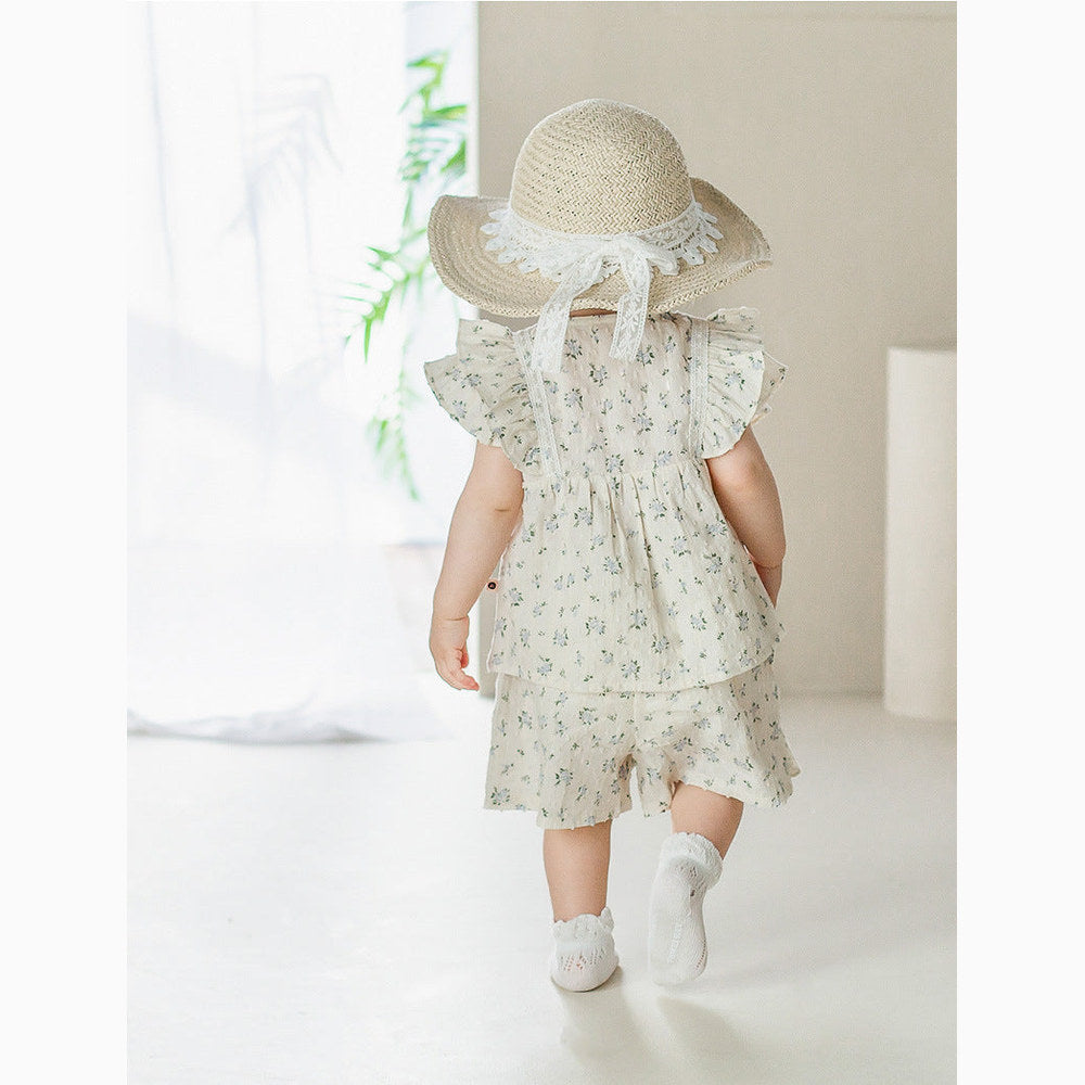 MyKids-USA® Baby Girl Flower Pattern Flying Sleeves bodysuit & Clothing Sets With Headband