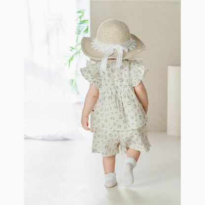 MyKids-USA® Baby Girl Flower Pattern Flying Sleeves bodysuit & Clothing Sets With Headband