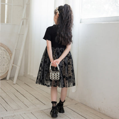 MyKids-USA® Solid Black Short Sleeve Mesh Dress For Children Girl