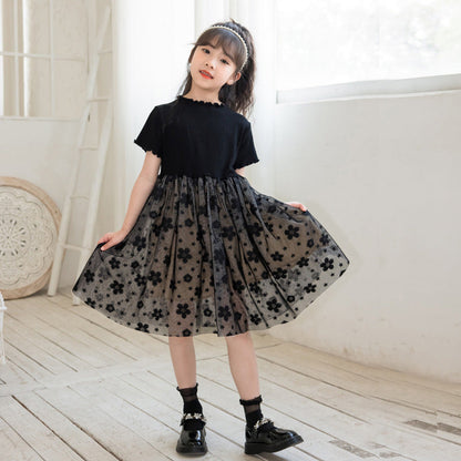 MyKids-USA® Solid Black Short Sleeve Mesh Dress For Children Girl