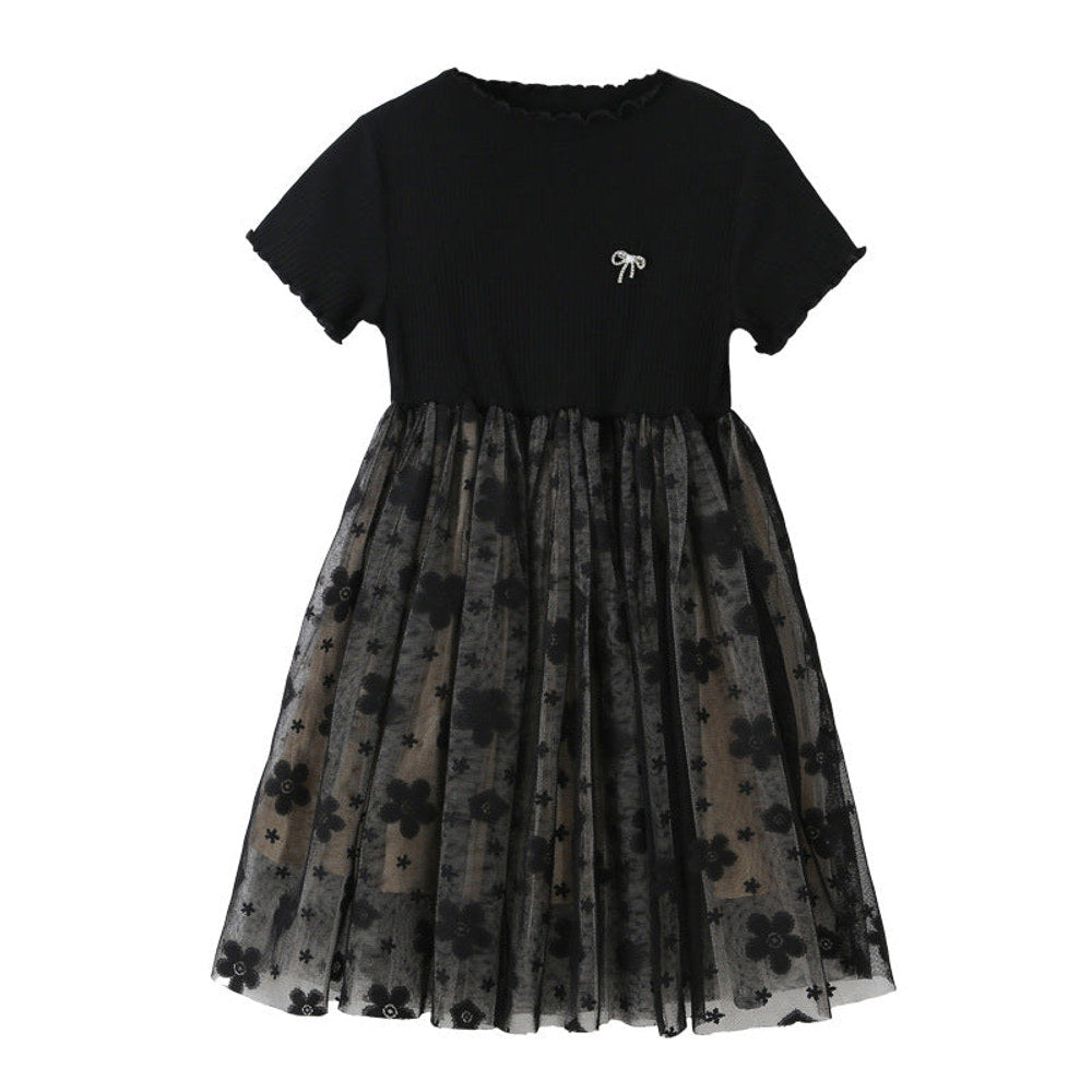 MyKids-USA® Solid Black Short Sleeve Mesh Dress For Children Girl