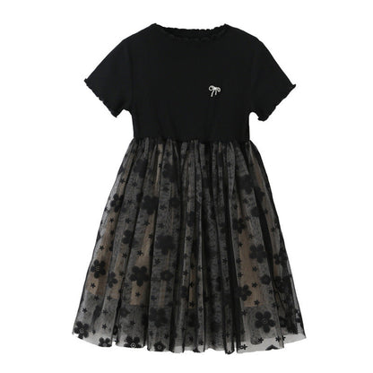 MyKids-USA® Solid Black Short Sleeve Mesh Dress For Children Girl