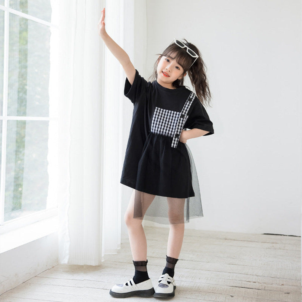 MyKids-USA® Black Plaid Patched Design Mesh Casual Dress