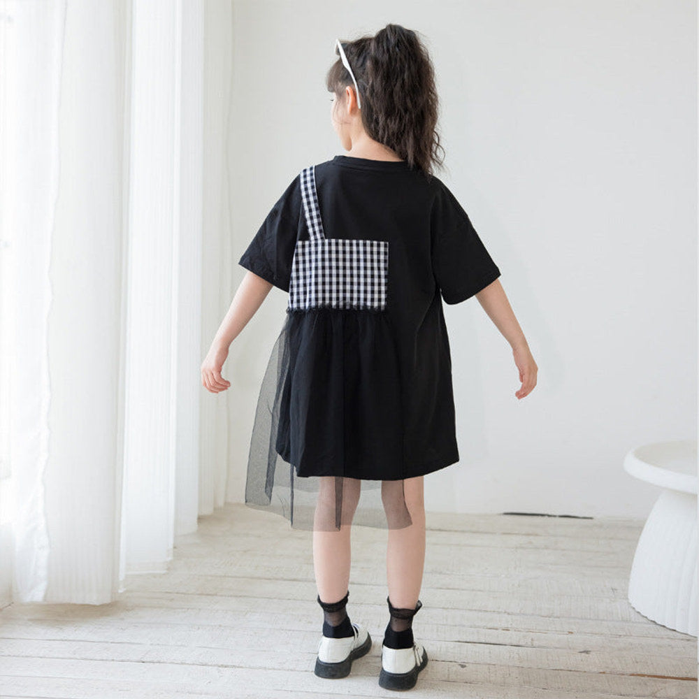 MyKids-USA® Black Plaid Patched Design Mesh Casual Dress