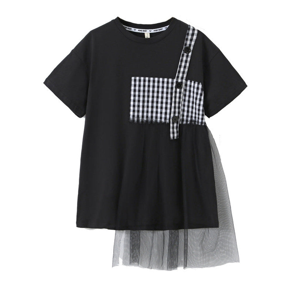 MyKids-USA® Black Plaid Patched Design Mesh Casual Dress