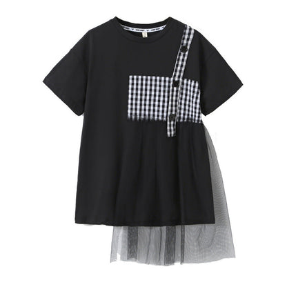 MyKids-USA® Black Plaid Patched Design Mesh Casual Dress