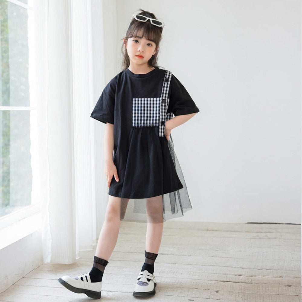 MyKids-USA® Black Plaid Patched Design Mesh Casual Dress