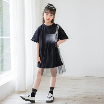 MyKids-USA® Black Plaid Patched Design Mesh Casual Dress