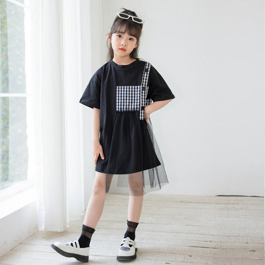 MyKids-USA® Black Plaid Patched Design Mesh Casual Dress
