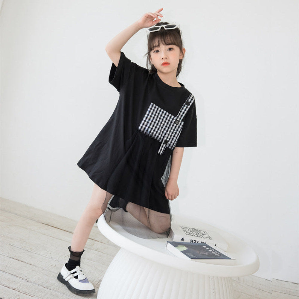 MyKids-USA® Black Plaid Patched Design Mesh Casual Dress