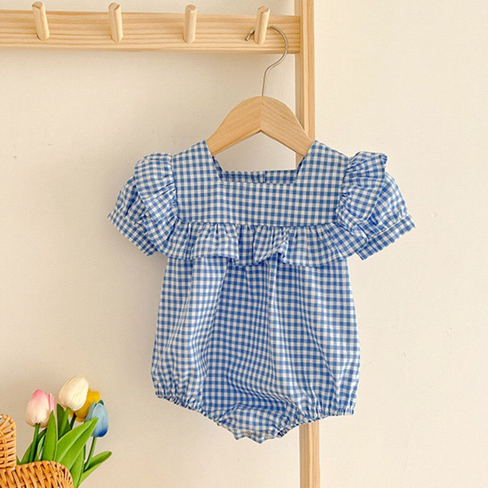 MyKids-USA® Baby Plaid Pattern Square Neck Puff Sleeves bodysuit & Dress