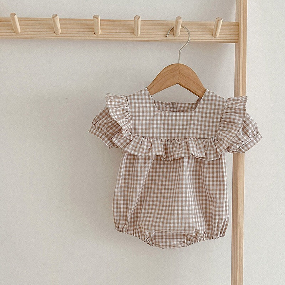 MyKids-USA® Baby Plaid Pattern Square Neck Puff Sleeves bodysuit & Dress
