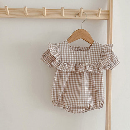 MyKids-USA® Baby Plaid Pattern Square Neck Puff Sleeves bodysuit & Dress