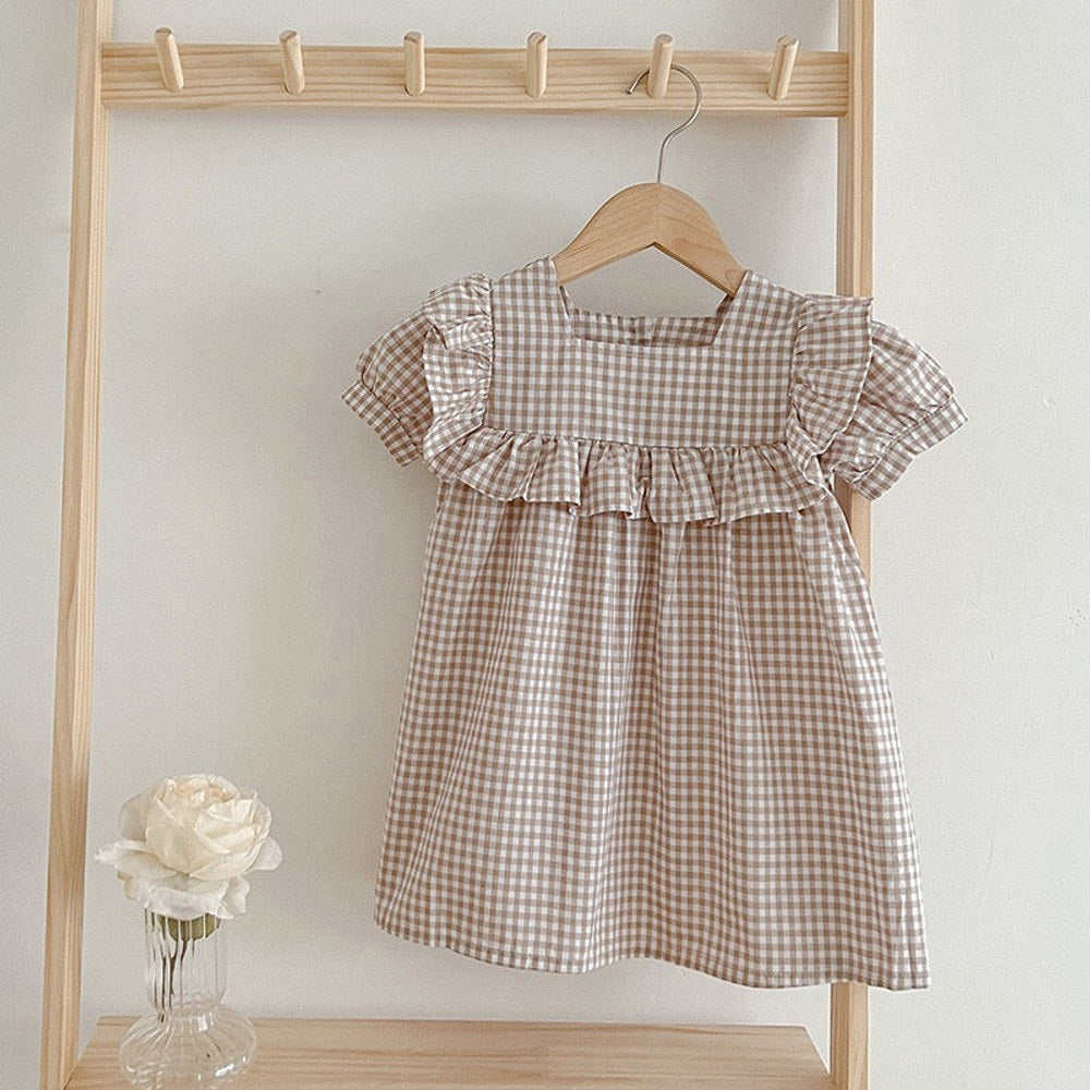 MyKids-USA® Baby Plaid Pattern Square Neck Puff Sleeves bodysuit & Dress