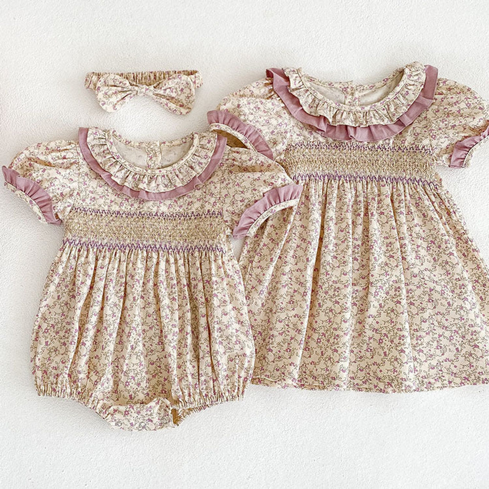 MyKids-USA® Baby Girl Ditsy Flower Ruffle Neck Dress bodysuit In Summer