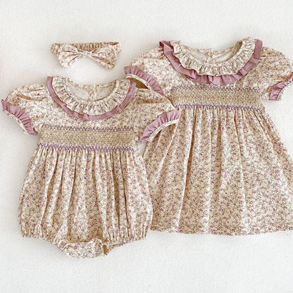 MyKids-USA® Baby Girl Ditsy Flower Ruffle Neck Dress bodysuit In Summer