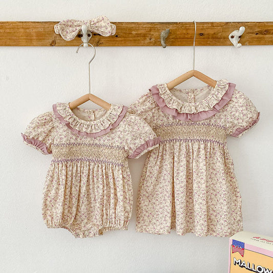 Baby Girl Ditsy Flower Ruffle Neck Dress bodysuit In Summer