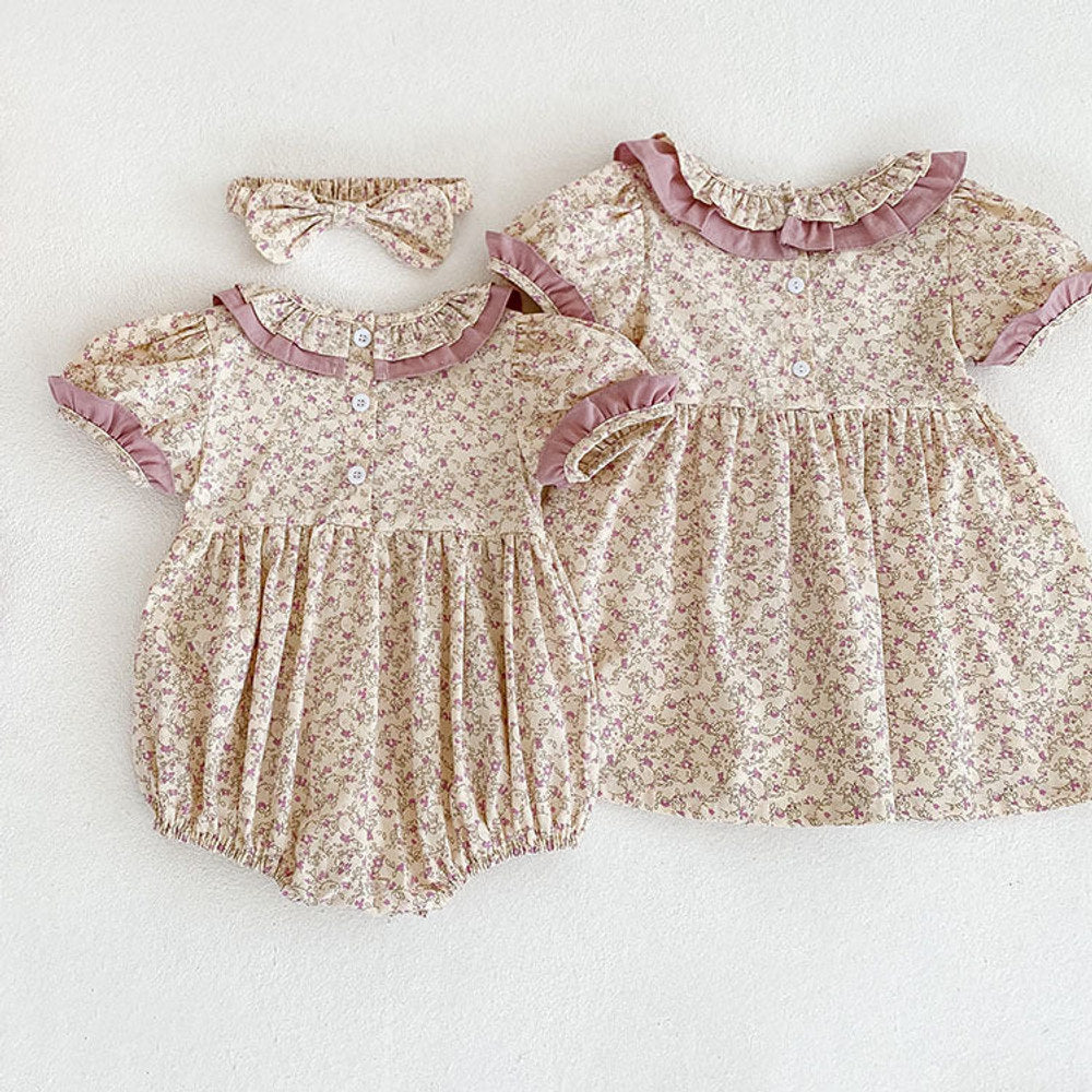 MyKids-USA® Baby Girl Ditsy Flower Ruffle Neck Dress bodysuit In Summer