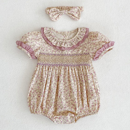 MyKids-USA® Baby Girl Ditsy Flower Ruffle Neck Dress bodysuit In Summer