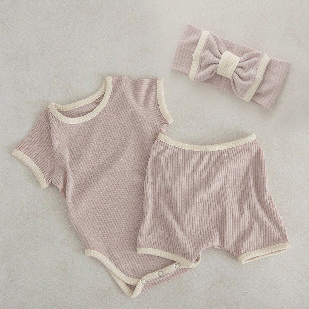 MyKids-USA® Baby Unisex Solid Color Comfy Cotton bodysuit & Shorts Sets With Headband