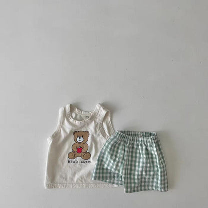 MyKids-USA® Baby Bear Print Pattern Tops With Plaid Shorts Sets