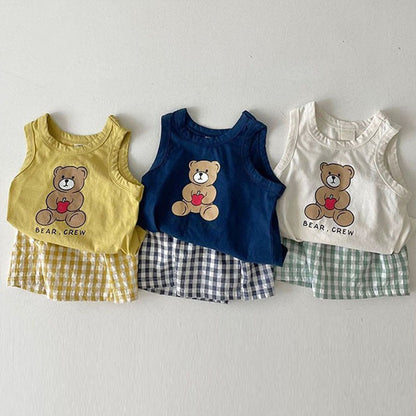 MyKids-USA® Baby Bear Print Pattern Tops With Plaid Shorts Sets