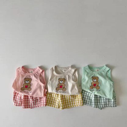 MyKids-USA® Baby Bear Print Pattern Tops With Plaid Shorts Sets