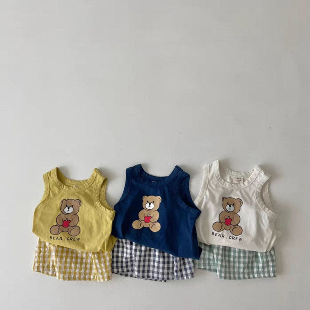 MyKids-USA® Baby Bear Print Pattern Tops With Plaid Shorts Sets