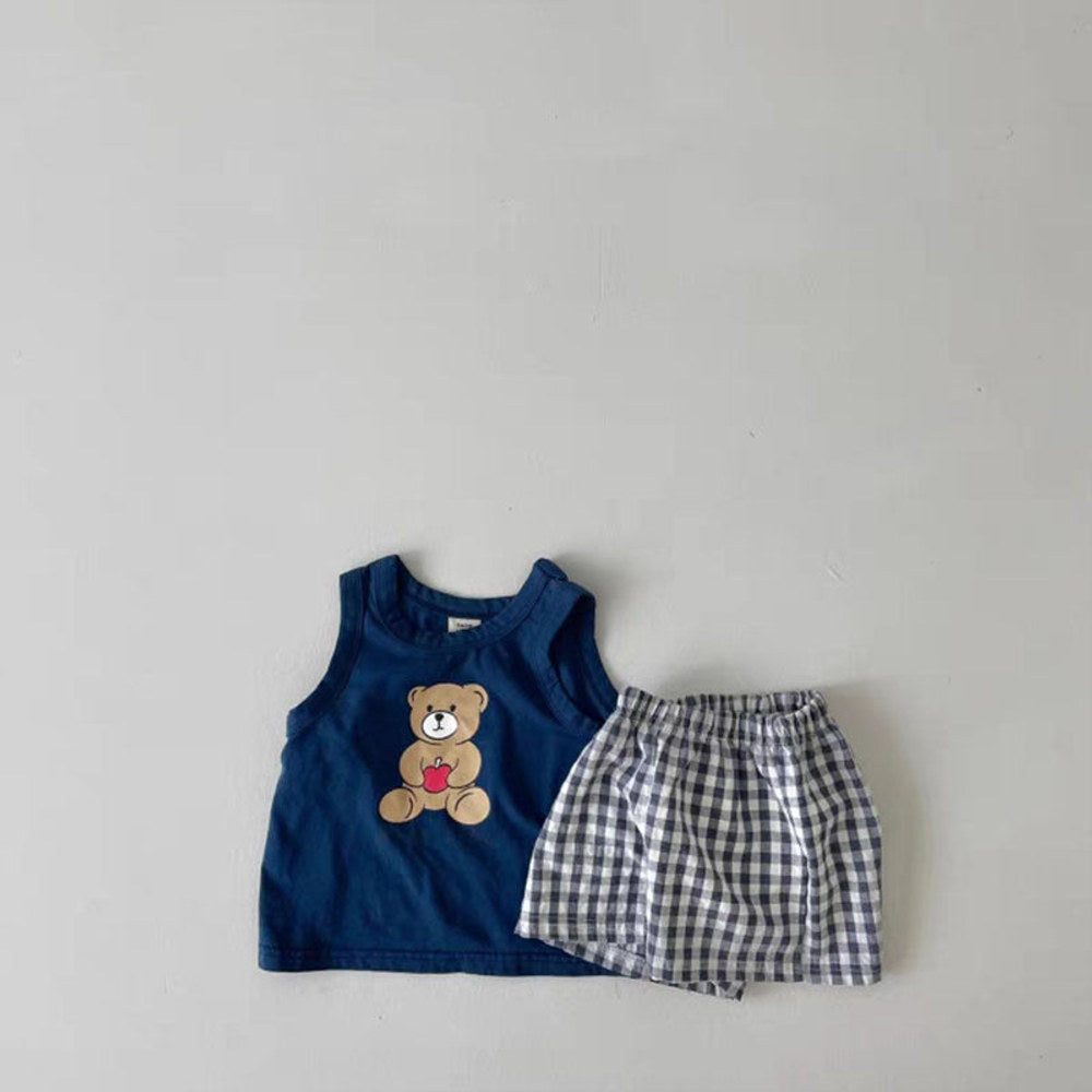 MyKids-USA® Baby Bear Print Pattern Tops With Plaid Shorts Sets