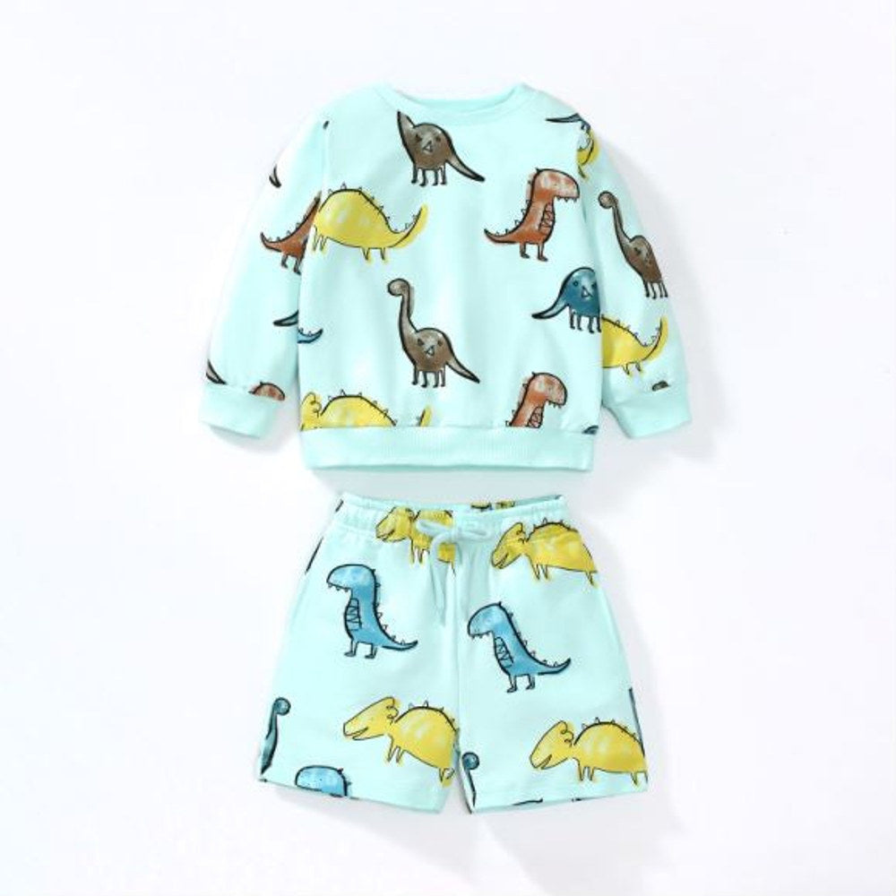 MyKids-USA® Baby Boy All Over Dinosaur Pattern Hoodie And Shorts Sets