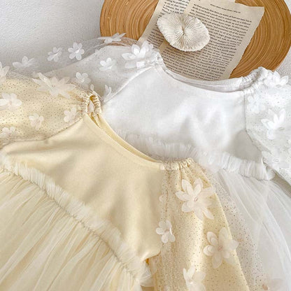 MyKids-USA® Baby Girl Solid Color Mesh Patched Design Dress