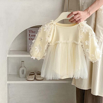 MyKids-USA® Baby Girl Solid Color Mesh Patched Design Dress