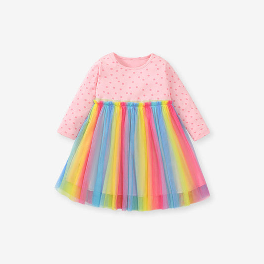 MyKids-USA® Autumn Long Sleeve Coloured Mesh Patched Design Dress