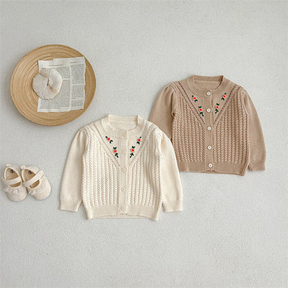 MyKids-USA® Floral Embroidered Pattern Solid Color Knitted Cardigan