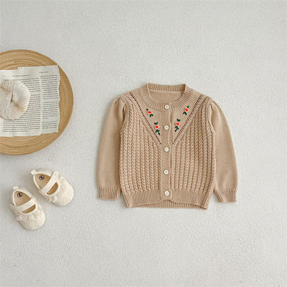 MyKids-USA® Floral Embroidered Pattern Solid Color Knitted Cardigan